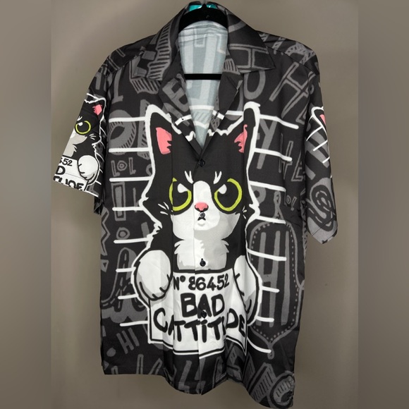 All Over Print Bad Cattitude Buttons Up Shirt - Picture 4 of 4